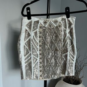 NEEDLE&THREAD Champagne Beaded Geometric Mini Skirt
